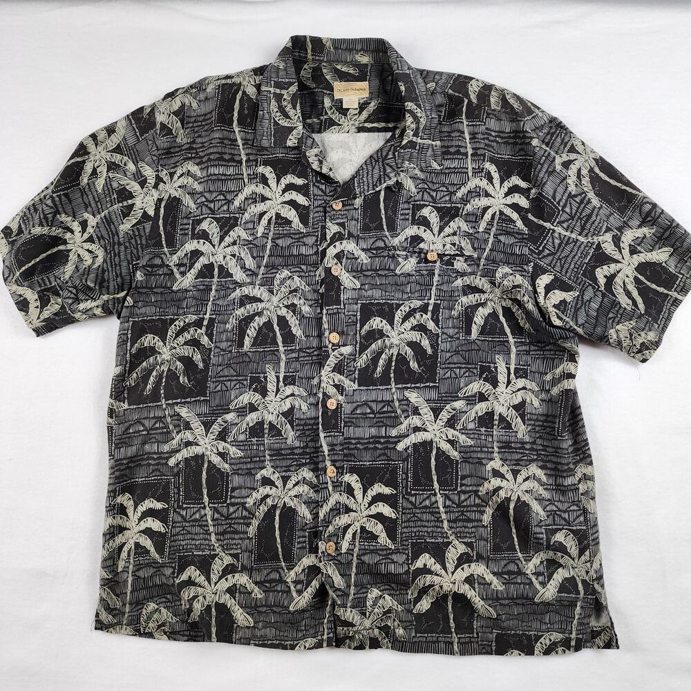 Island Paradise Hawaiian Shirt Mens Large Black Tan 100% Silk Button Breathable